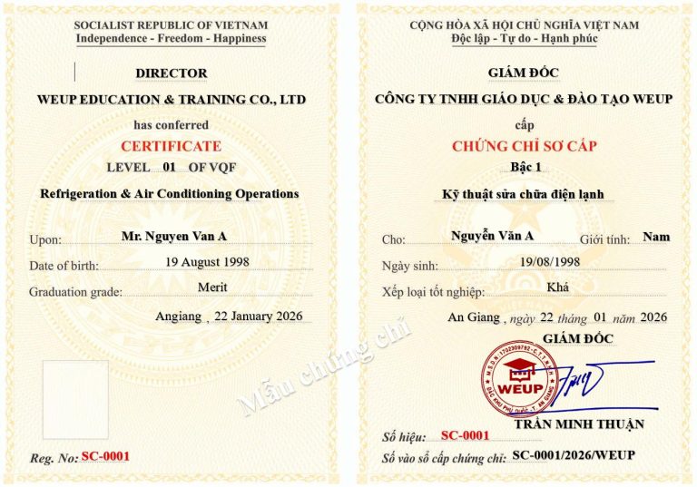 Chứng chỉ Kỹ thuật sửa chữa điện lạnh weup