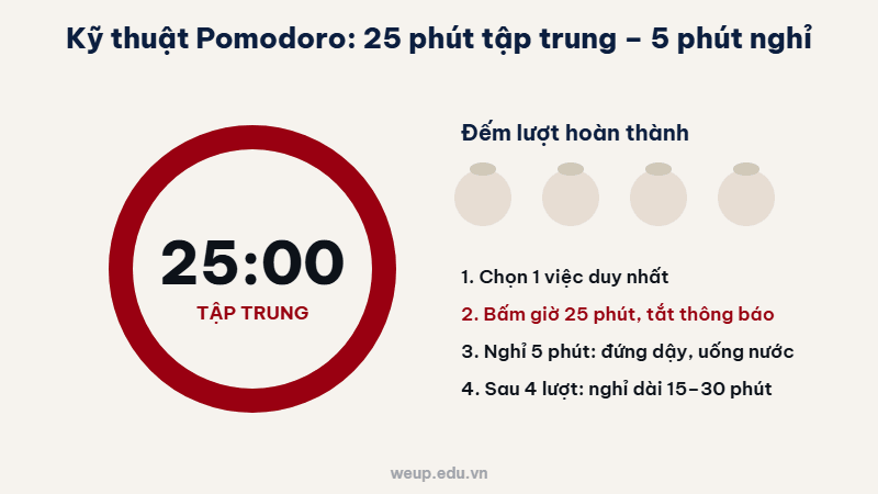 Ảnh động mô phỏng kỹ thuật Pomodoro 25 phút tập trung, 5 phút nghỉ